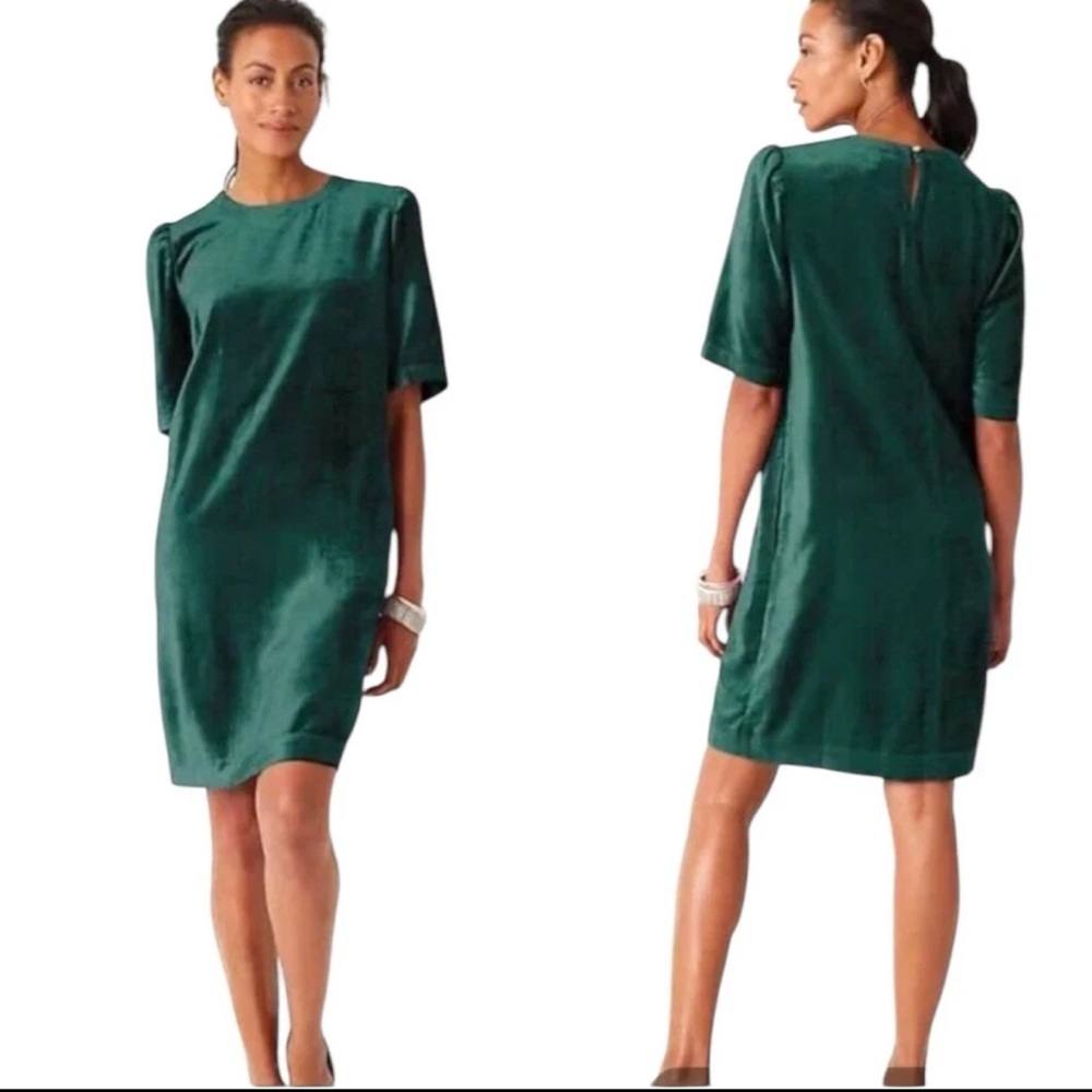 J Jill Velvet Puff Sleeve Shift Dress Green Holiday Party Size Large